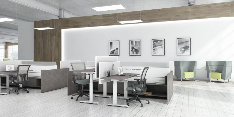 Two sets of Global's 4-person power beam desks.Each workstation has a laptop open. To the user's right are credenzas with Acoujou paneling