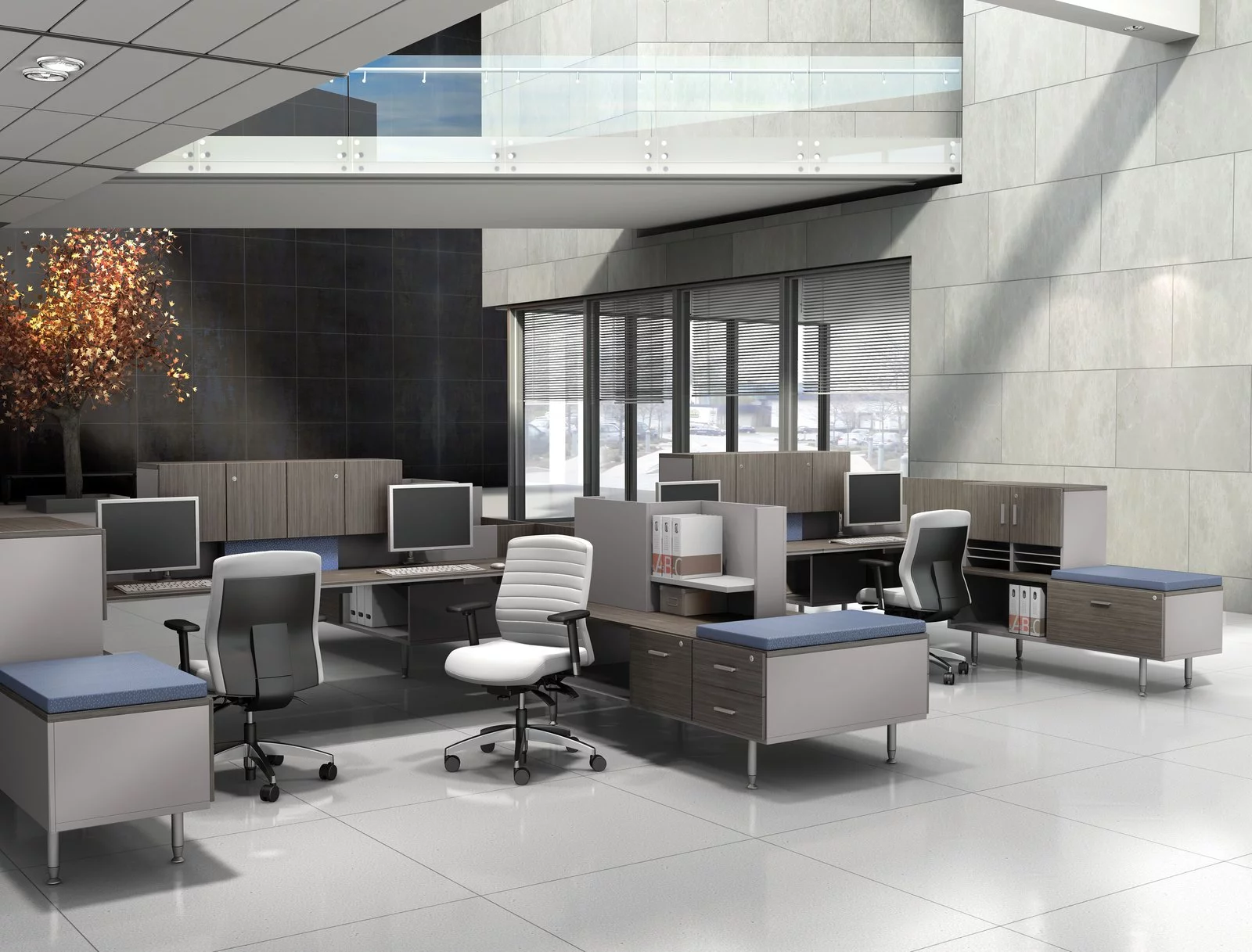 Studio photography of Global's 4-person sidebar benching in a reception area. The tops are given a grey wood finish, and blue topped credenzas are placed at the sides.