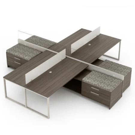 Evolve Power Beam Workstations with Glass-Topped Metal Laminate Panels, Two Double Sided Credenzas, Office Supply Storage - EPB521