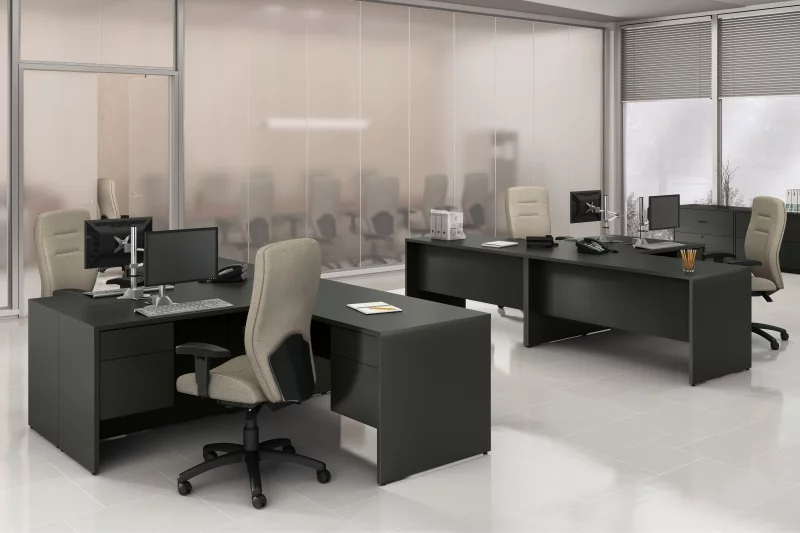 black desks and cubicles