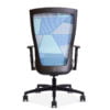 Quarter view of a Run II office chair with blue patchwork style mesh back.