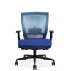 Front view of a Run II office chair with plush blue cushion and blue mesh back.