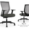Composite image of a Run II high-back chair, front and back. It has a dark grey cushion seat and grey mesh back.