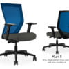 Composite image of a Run II high-back chair, front and back. It has a dark grey seat cushion seat, adjustable arms, and a blue mesh back.