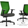 Composite image of a Run II high-back chair, front and back. It has a dark grey seat cushion seat, adjustable arms, and a green mesh back.