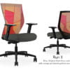 Composite image of a Run II high-back chair, front and back. It has a dark grey seat cushion seat, adjustable arms, and an orange patchwork mesh back.