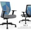 Composite image of a Run II high-back chair, front and back. It has a grey check pattern on the seat, adjustable arms, and a blue patchwork mesh back.