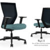 Composite image of a Run II high-back chair, front and back. It has a cushion with a blue dotted pattern, adjustable arms, and black mesh back.