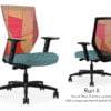 Composite image of a Run II high-back chair, front and back. It has a cushion with a blue dotted pattern, adjustable arms, and orange patchwork mesh back.