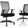Composite image of a Run II high-back chair, front and back. It has a black leather cushion seat, adjustable arms, and grey mesh back.