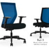 Composite image of a Run II high-back chair, front and back. It has a black leather cushion seat, adjustable arms, and blue mesh back.