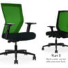 Composite image of a Run II high-back chair, front and back. It has a black leather cushion seat, adjustable arms, and green mesh back.