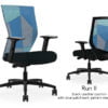 Composite image of a Run II high-back chair, front and back. It has a black leather cushion seat, adjustable arms, and a blue patchwork mesh back.