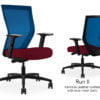 Composite image of a Run II high-back chair, front and back. It has a red leather cushion seat, adjustable arms, and blue mesh back.