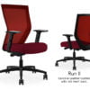 Composite image of a Run II high-back chair, front and back. It has a red leather cushion seat, adjustable arms, and red mesh back.