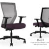 Composite image of a Run II high-back chair, front and back. It has a dark purple cushion seat, adjustable arms, and grey mesh back.