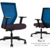 Composite image of a Run II high-back chair, front and back. It has a dark purple cushion seat, adjustable arms, and blue mesh back.