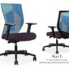 Composite image of a Run II high-back chair, front and back. It has a dark purple cushion seat, adjustable arms, and blue patchwork mesh back.