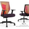 Composite image of a Run II high-back chair, front and back. It has a dark purple cushion seat, adjustable arms, and orange patchwork mesh back.