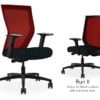 Composite image of a Run II high-back chair, front and back. It has a black cushion seat, adjustable arms, and red mesh back.