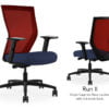 Composite image of a Run II high-back chair, front and back. It has a dark blue cushion seat, adjustable arms, and red mesh back.
