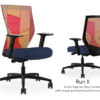 Composite image of a Run II high-back chair, front and back. It has a dark blue cushion seat, adjustable arms, and orange patchwork mesh back.