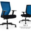 Composite image of a Run II high-back chair, front and back. It has a black PVC cushion, adjustable arms, and blue mesh back.
