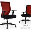 Composite image of a Run II high-back chair, front and back. It has a black PVC cushion, adjustable arms, and red mesh back.