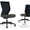 Composite image of a Run II high-back chair, front and back. It has a dark grey cushion seat and black mesh back.