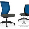 Composite image of a Run II high-back chair, front and back. It has a dark grey cushion seat and blue mesh back.