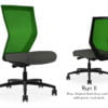 Composite image of a Run II high-back chair, front and back. It has a dark grey cushion seat and green mesh back.