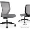 Composite image of a Run II high-back chair, front and back. It has a grey check pattern on the seat cushion, and a grey mesh back.