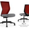 Composite image of a Run II high-back chair, front and back. It has a grey check pattern on the seat cushion, and a red mesh back.