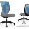 Composite image of a Run II high-back chair, front and back. It has a grey check pattern on the seat cushion, and a blue patchwork mesh back.