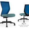 Composite image of a Run II high-back chair, front and back. It has a cushion with a blue dotted pattern, and blue mesh back.