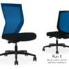 Composite image of a Run II high-back chair, front and back. It has a black leather cushion seat, and blue mesh back.