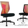 Composite image of a Run II high-back chair, front and back. It has a black leather cushion seat, and an orange patchwork mesh back.
