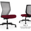 Composite image of a Run II high-back chair, front and back. It has a red leather cushion seat, and grey mesh back.