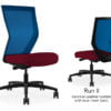 Composite image of a Run II high-back chair, front and back. It has a red leather cushion seat, and blue mesh back.