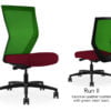 Composite image of a Run II high-back chair, front and back. It has a red leather cushion seat, and green mesh back.