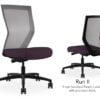 Composite image of a Run II high-back chair, front and back. It has a deep amethyst cushion seat and grey mesh back.