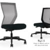 Composite image of a Run II high-back chair, front and back. It has a black cushion seat, and grey mesh back.
