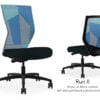Composite image of a Run II high-back chair, front and back. It has a black cushion seat and blue patchwork mesh back.