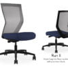 Composite image of a Run II high-back chair, front and back. It has a dark blue cushion seat and grey mesh back.