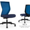 Composite image of a Run II high-back chair, front and back. It has a dark blue cushion seat and blue mesh back.
