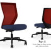 Composite image of a Run II high-back chair, front and back. It has a dark blue cushion seat and red mesh back.