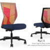 Composite image of a Run II high-back chair, front and back. It has a dark blue cushion seat and orange patchwork mesh back.