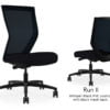 Composite image of a Run II high-back chair, front and back. It has a black PVC cushion, and black mesh back.