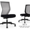 Composite image of a Run II high-back chair, front and back. It has a black PVC cushion, and grey mesh back.