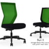 Composite image of a Run II high-back chair, front and back. It has a black PVC cushion, and green mesh back.